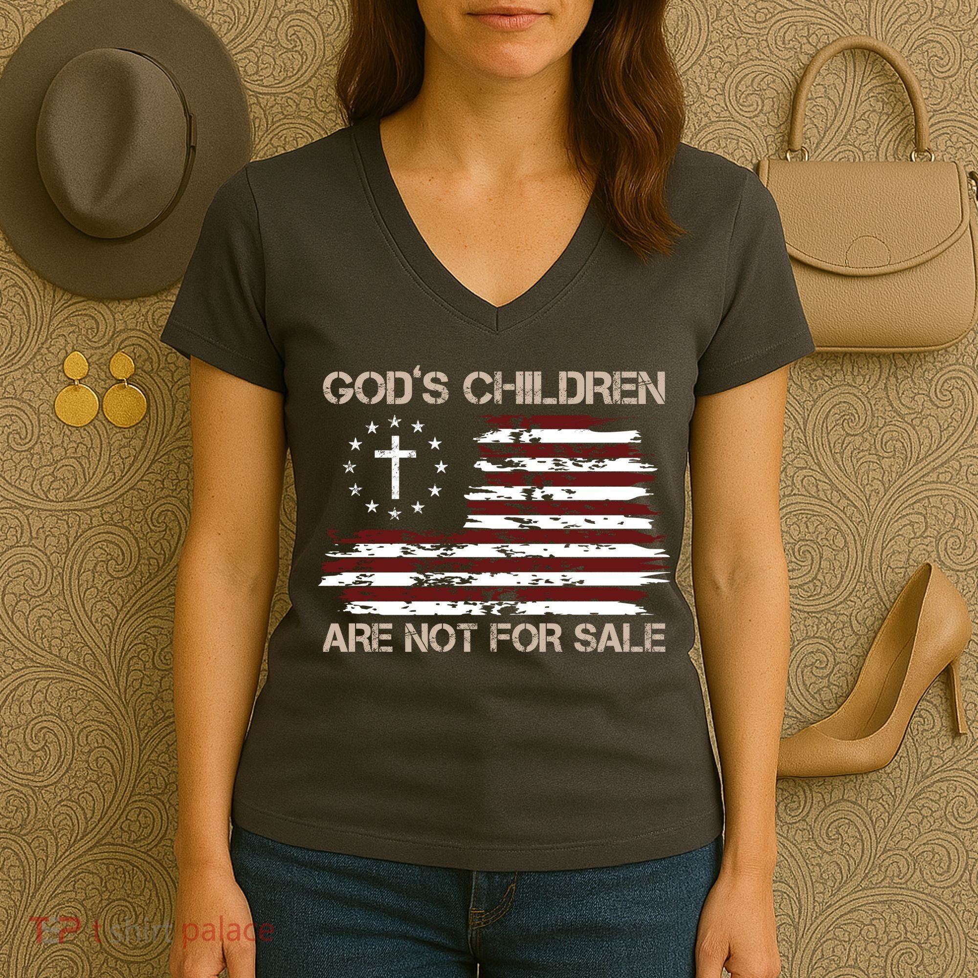 Gods Children Are Not For Sale American Flag Cross Women's V-Neck T-Shirt