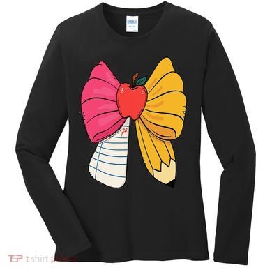 Girly Coquette Bow Pencil Teacher Student Back To School Women's Long Sleeve Shirt