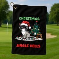 Grumpy Christmas Cat Christmas Jingle Bells Holiday Gift Golf Towel thumb 1