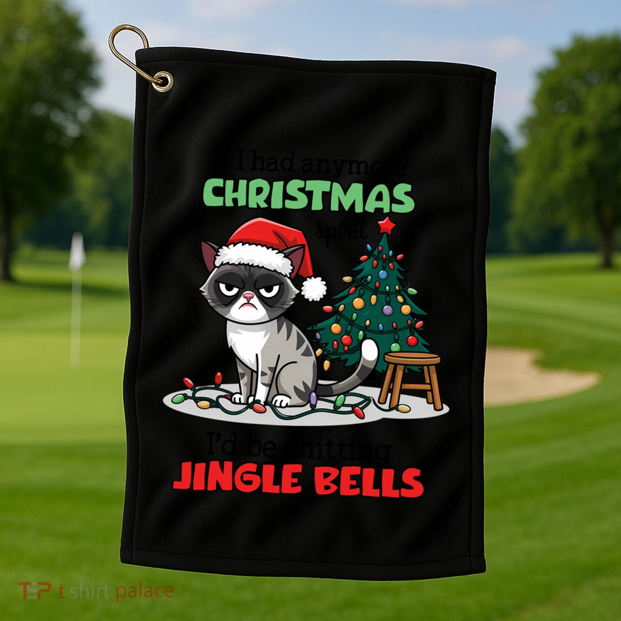Grumpy Christmas Cat Christmas Jingle Bells Holiday Gift Golf Towel