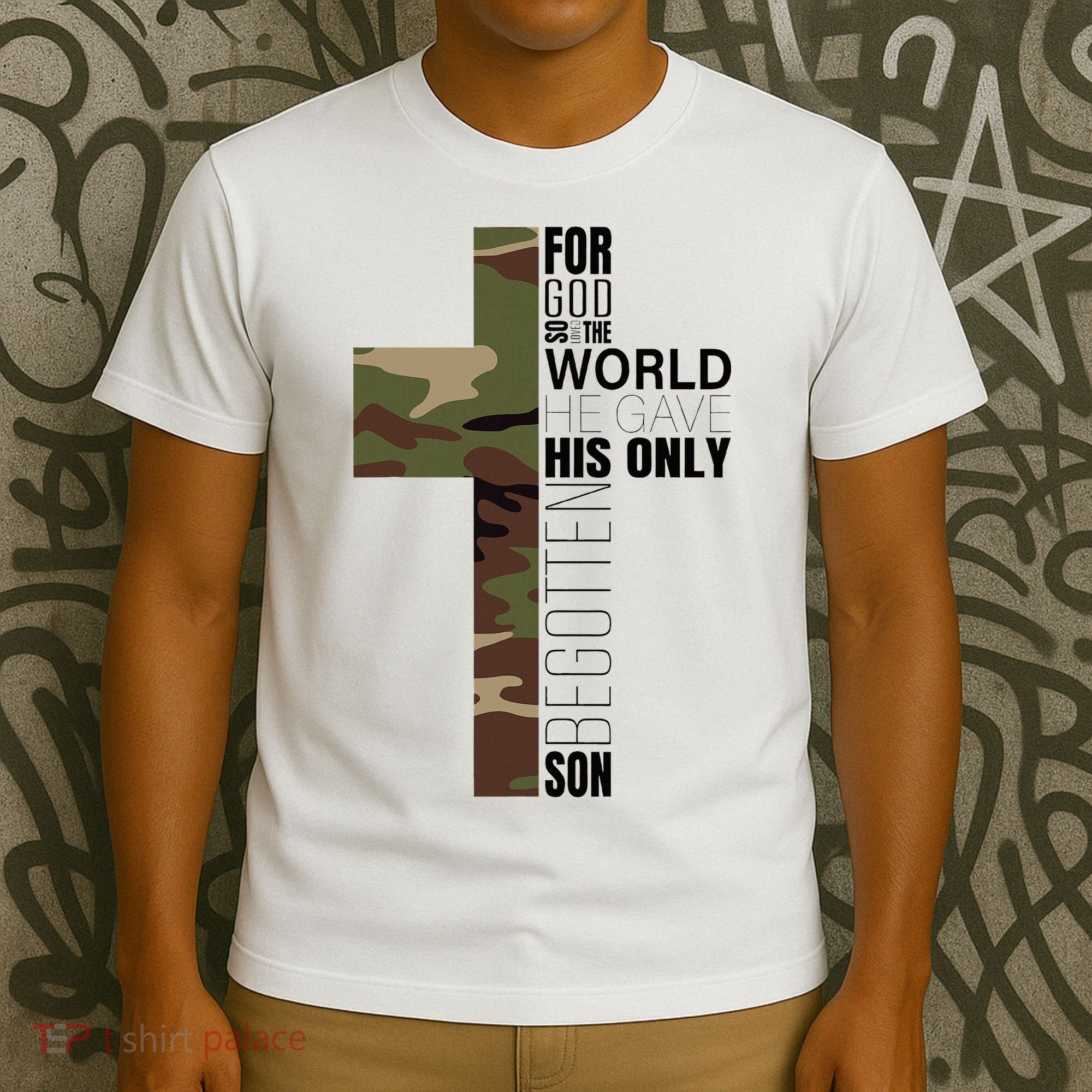 Green Camo Christian Cross Gifts John 316 Bible Verse T-Shirt