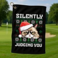 Grumpy Christmas Cat Ugly Silently Judging You Cat Gift Golf Towel thumb 1