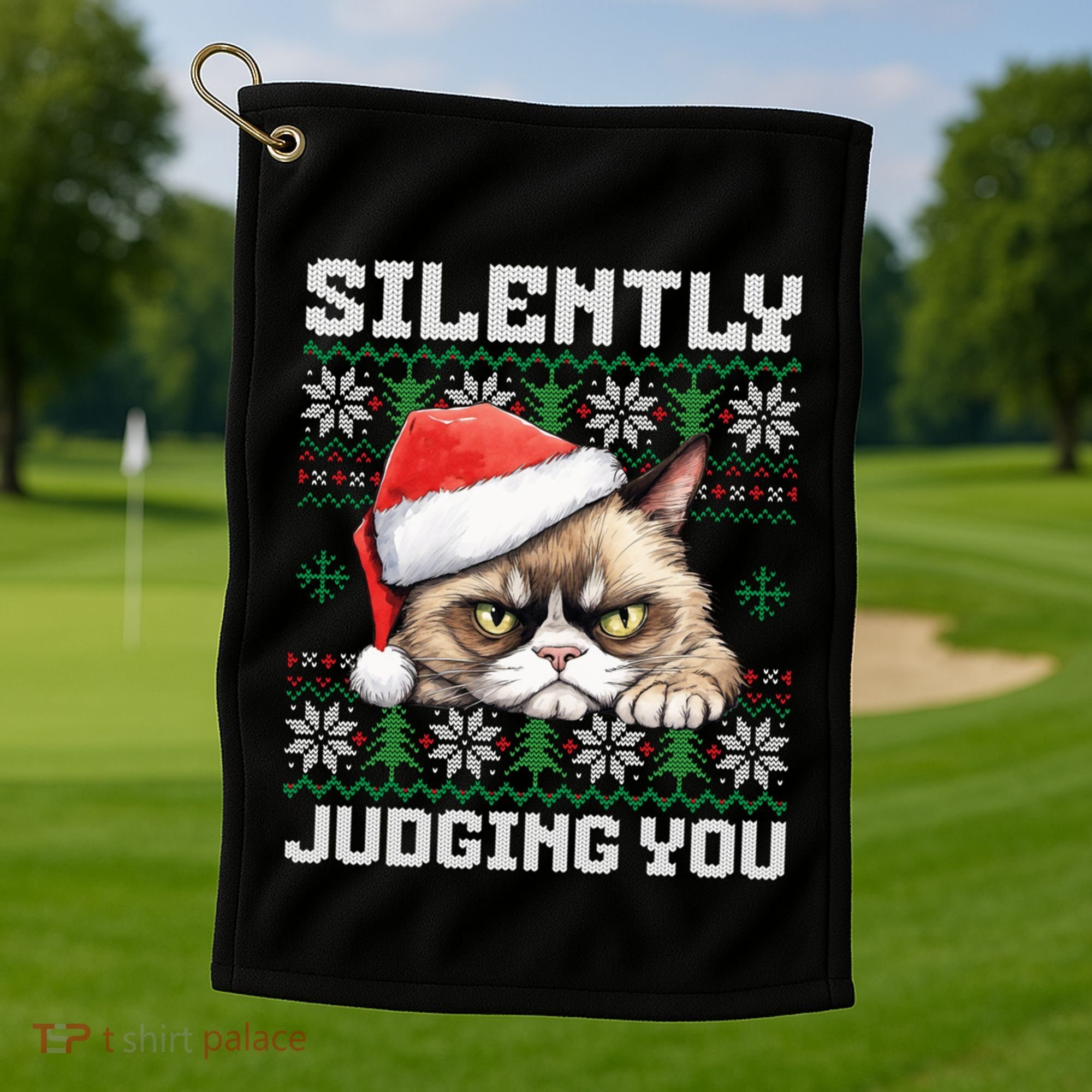 Grumpy Christmas Cat Ugly Silently Judging You Cat Gift Golf Towel