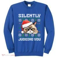 Grumpy Christmas Cat Ugly Silently Judging You Cat Gift Sweatshirt thumb 0