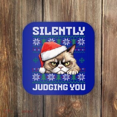 Grumpy Christmas Cat Ugly Silently Judging You Cat Gift Coaster