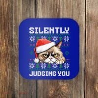 Grumpy Christmas Cat Ugly Silently Judging You Cat Gift Coaster thumb 0