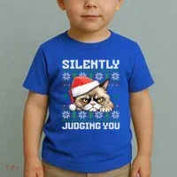 Grumpy Christmas Cat Ugly Silently Judging You Cat Gift Toddler T-Shirt thumb 2