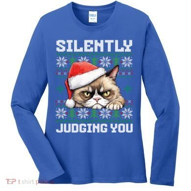 Grumpy Christmas Cat Ugly Silently Judging You Cat Gift Women's Long Sleeve Shirt