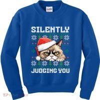 Grumpy Christmas Cat Ugly Silently Judging You Cat Gift Kids Sweatshirt thumb 0
