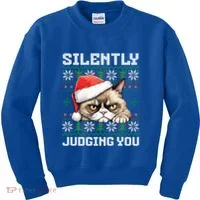 Grumpy Christmas Cat Ugly Silently Judging You Cat Gift Kids Sweatshirt thumb 0