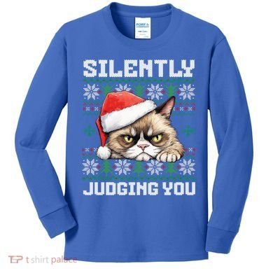 Grumpy Christmas Cat Ugly Silently Judging You Cat Gift Kids Long Sleeve Shirt
