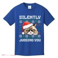 Grumpy Christmas Cat Ugly Silently Judging You Cat Gift Kids T-Shirt thumb 0