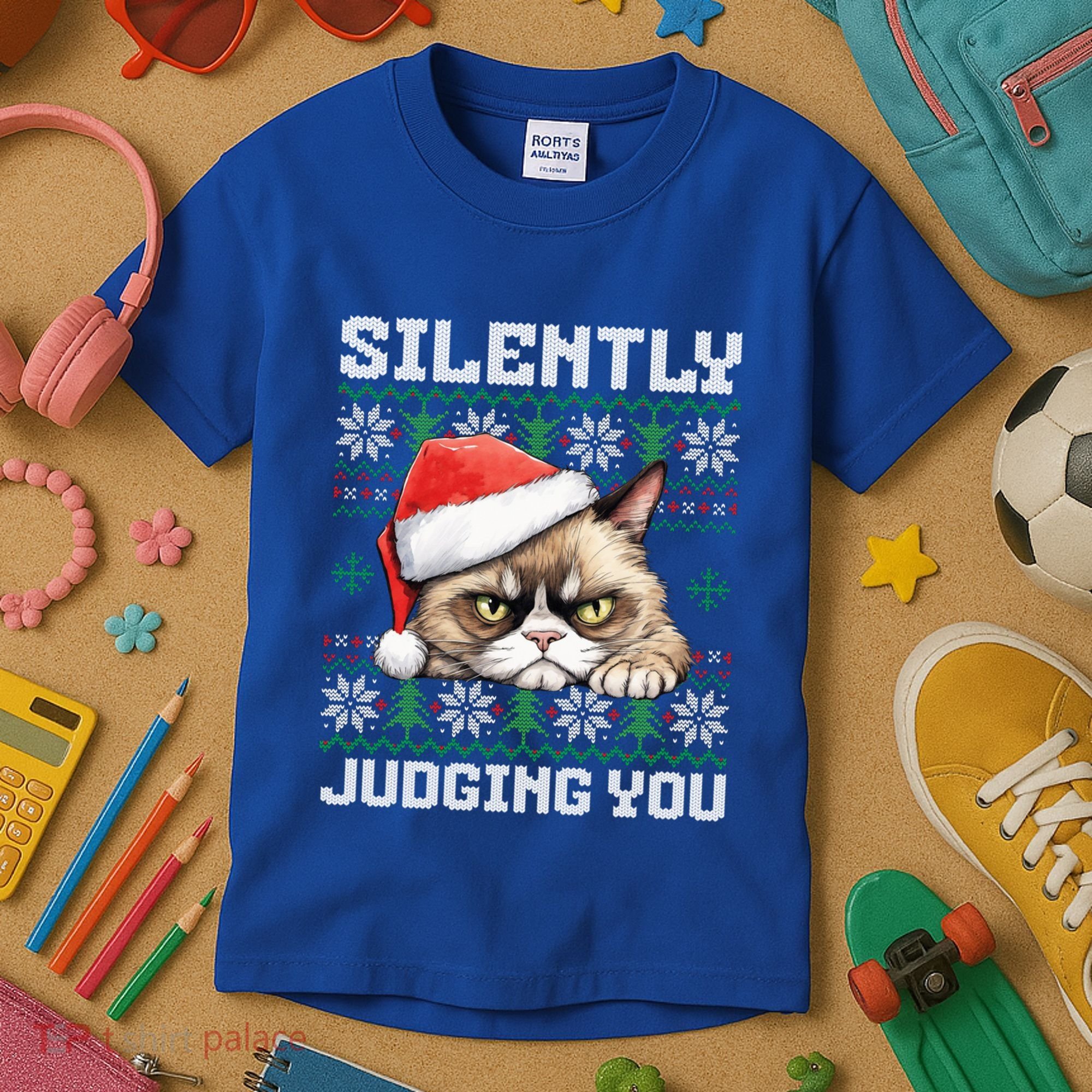 Grumpy Christmas Cat Ugly Silently Judging You Cat Gift Kids T-Shirt