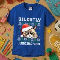 Grumpy Christmas Cat Ugly Silently Judging You Cat Gift Kids T-Shirt thumb 3