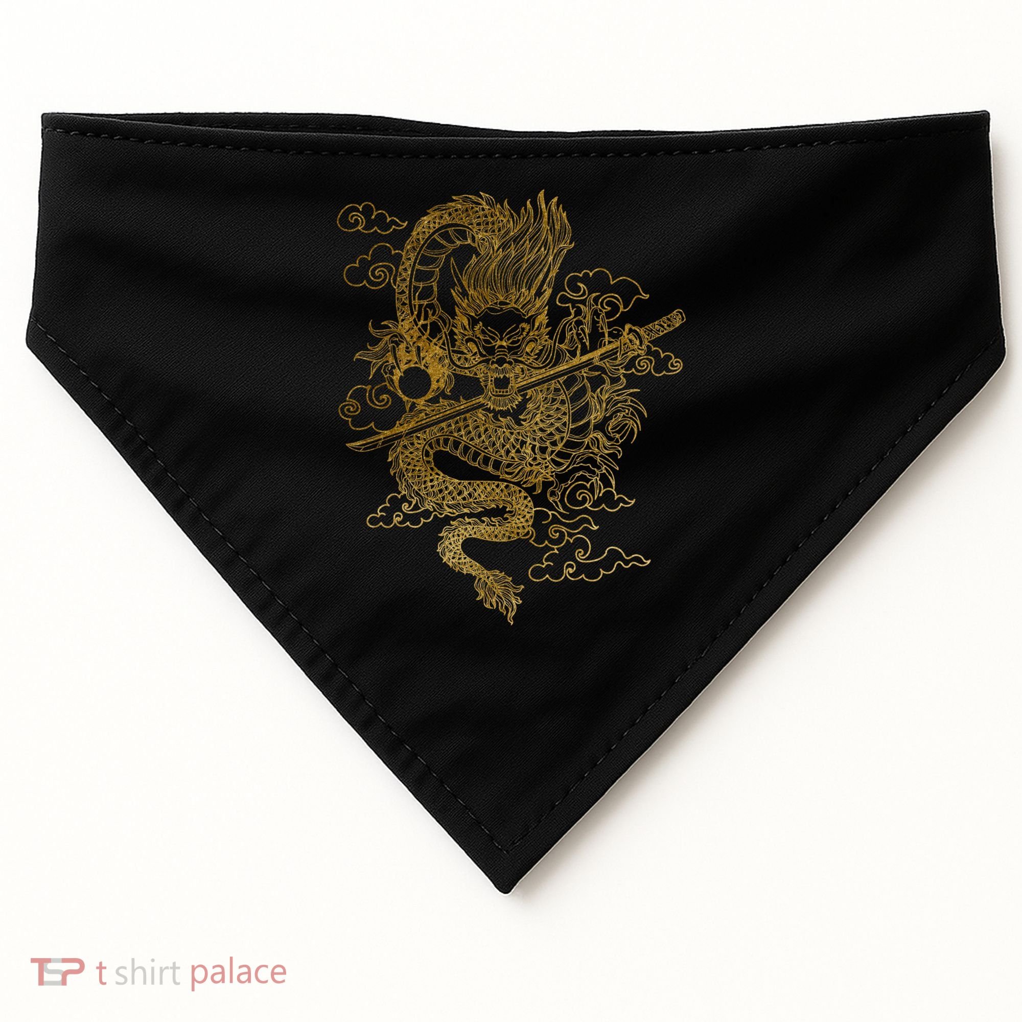 Gold Chinese Dragon With Black Background USA-Made Doggie Bandana