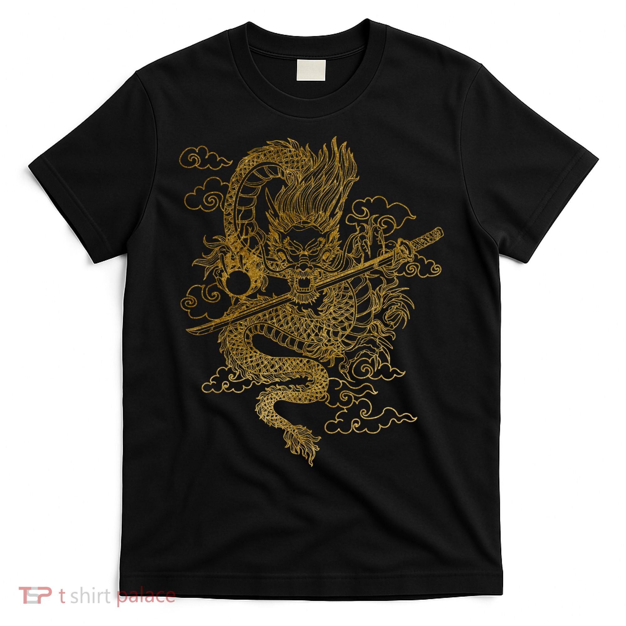 Gold Chinese Dragon With Black Background T-Shirt