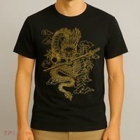 Gold Chinese Dragon With Black Background T-Shirt thumb 3