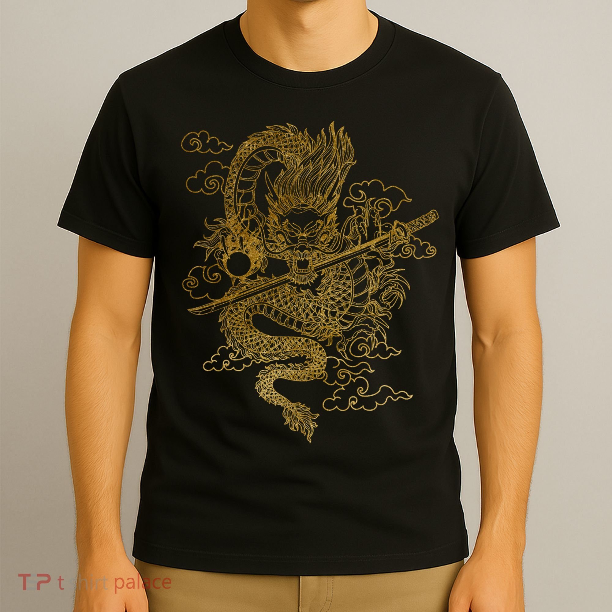 Gold Chinese Dragon With Black Background T-Shirt