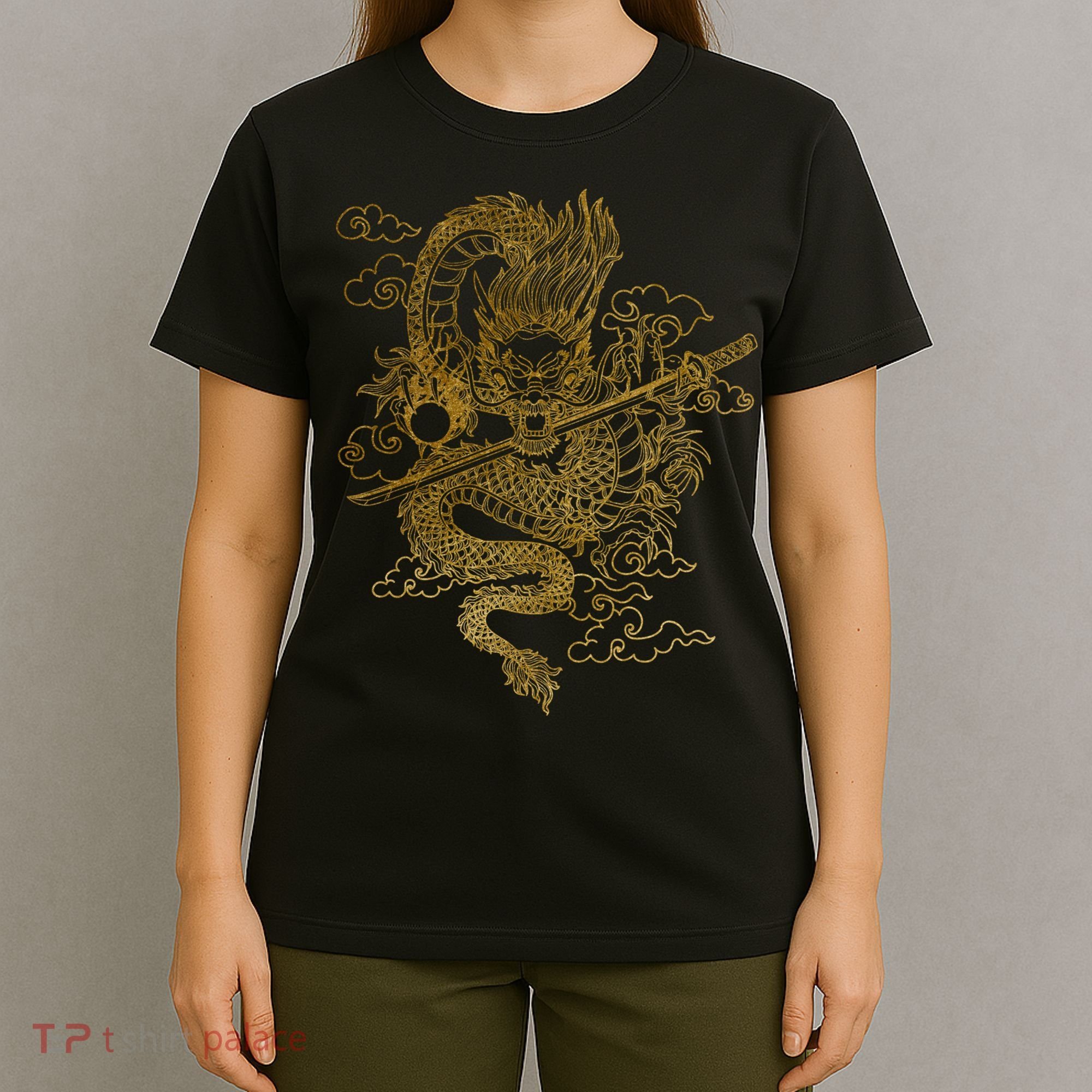 Gold Chinese Dragon With Black Background T-Shirt