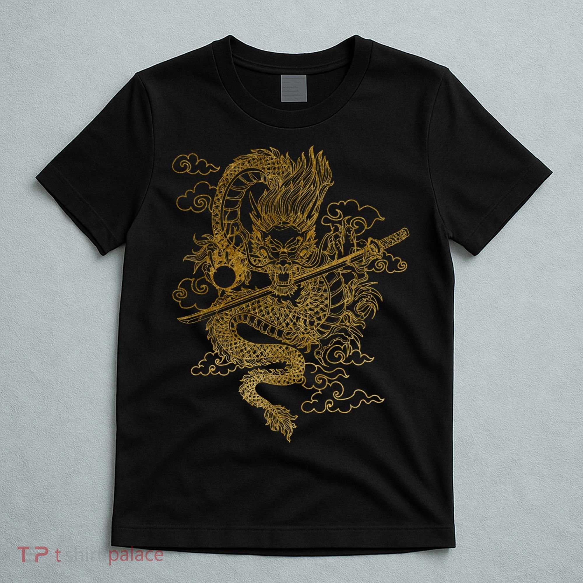 Gold Chinese Dragon With Black Background T-Shirt