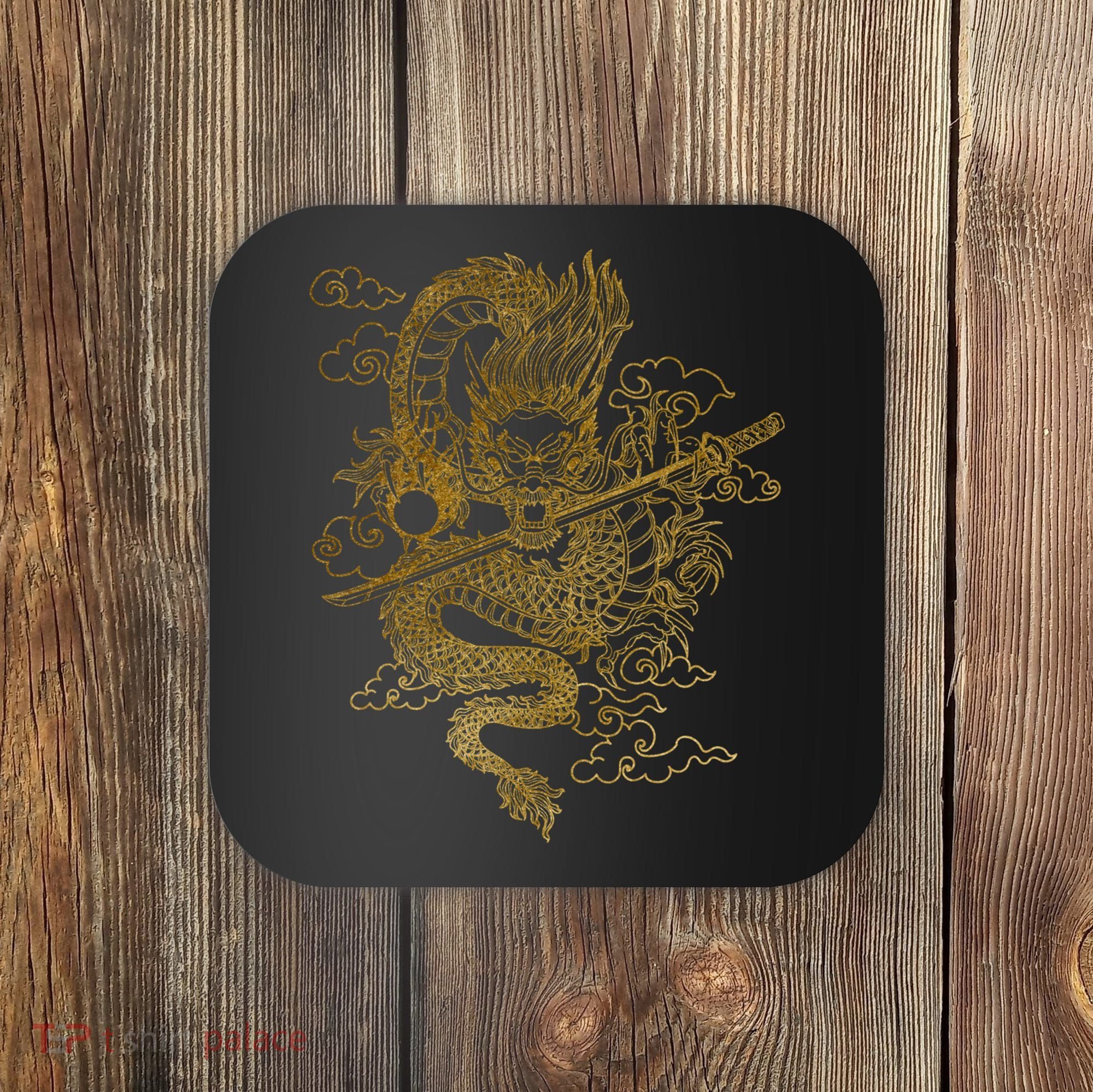 Gold Chinese Dragon With Black Background Coaster