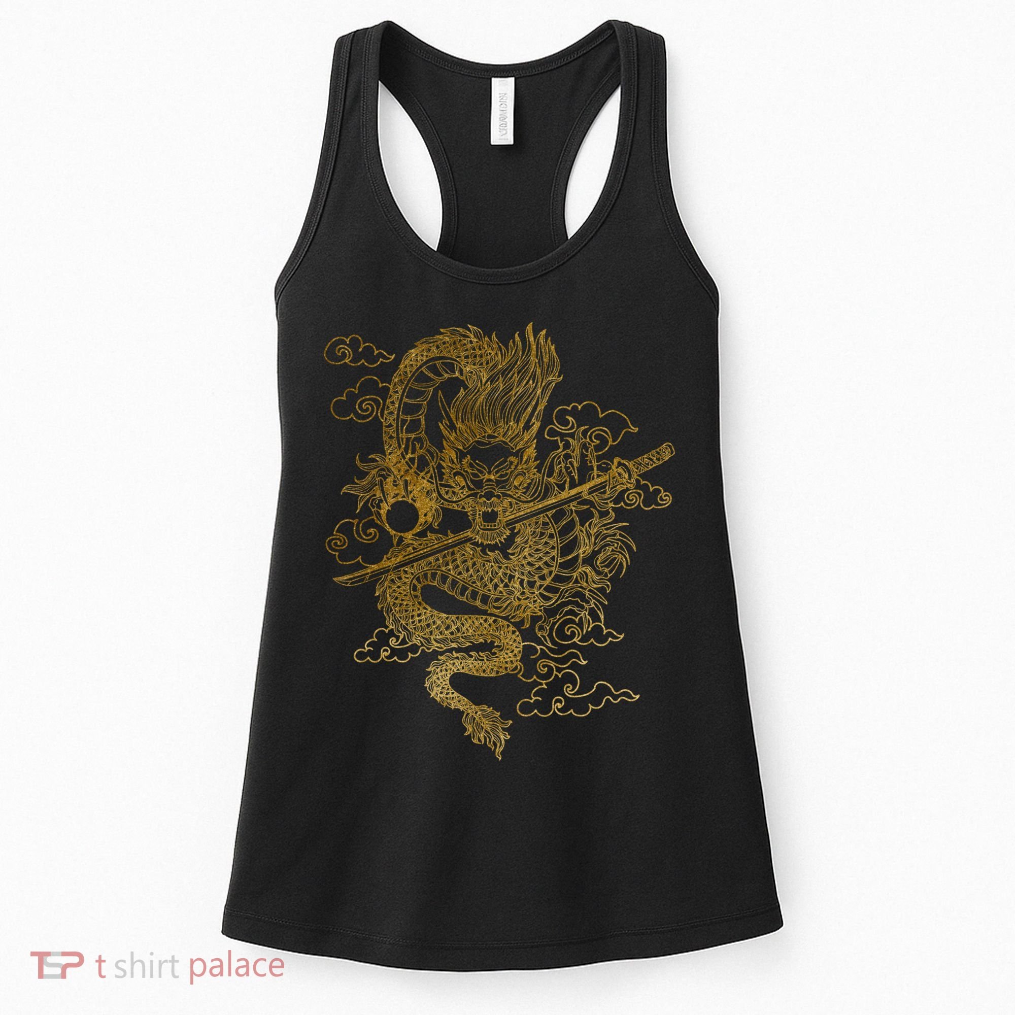 Gold Chinese Dragon With Black Background Women's Tank Top