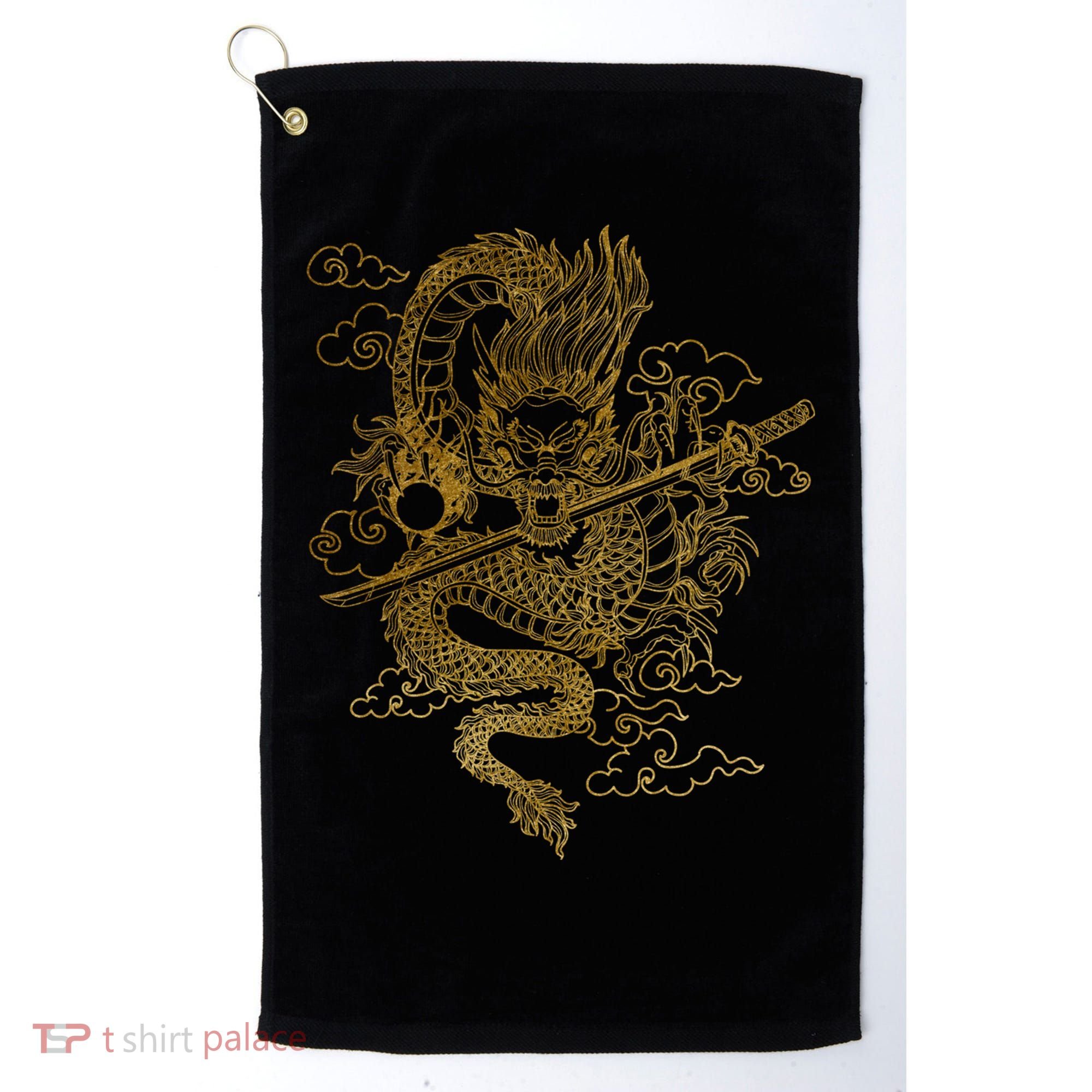Gold Chinese Dragon With Black Background Golf Towel