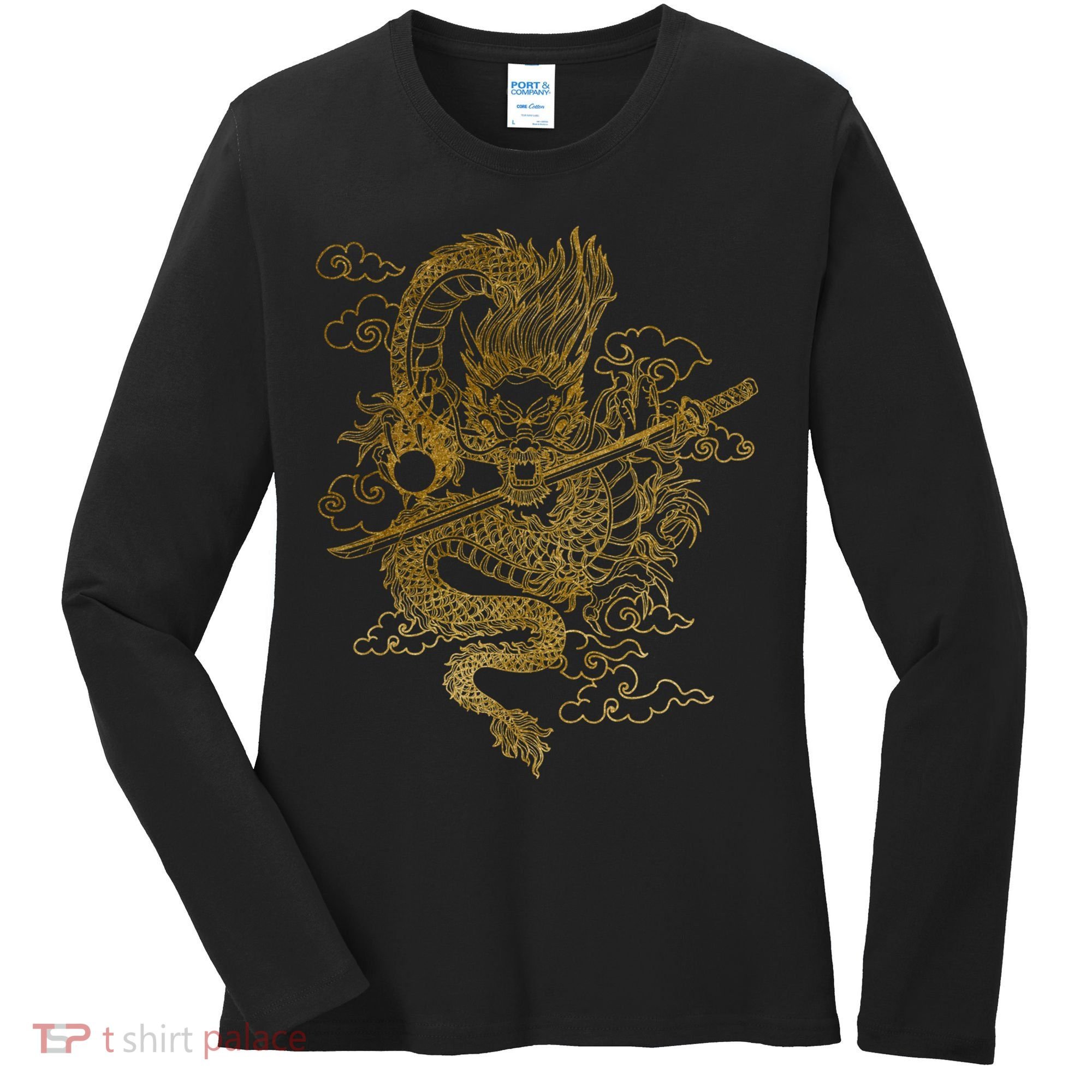 Gold Chinese Dragon With Black Background Women's Long Sleeve Shirt