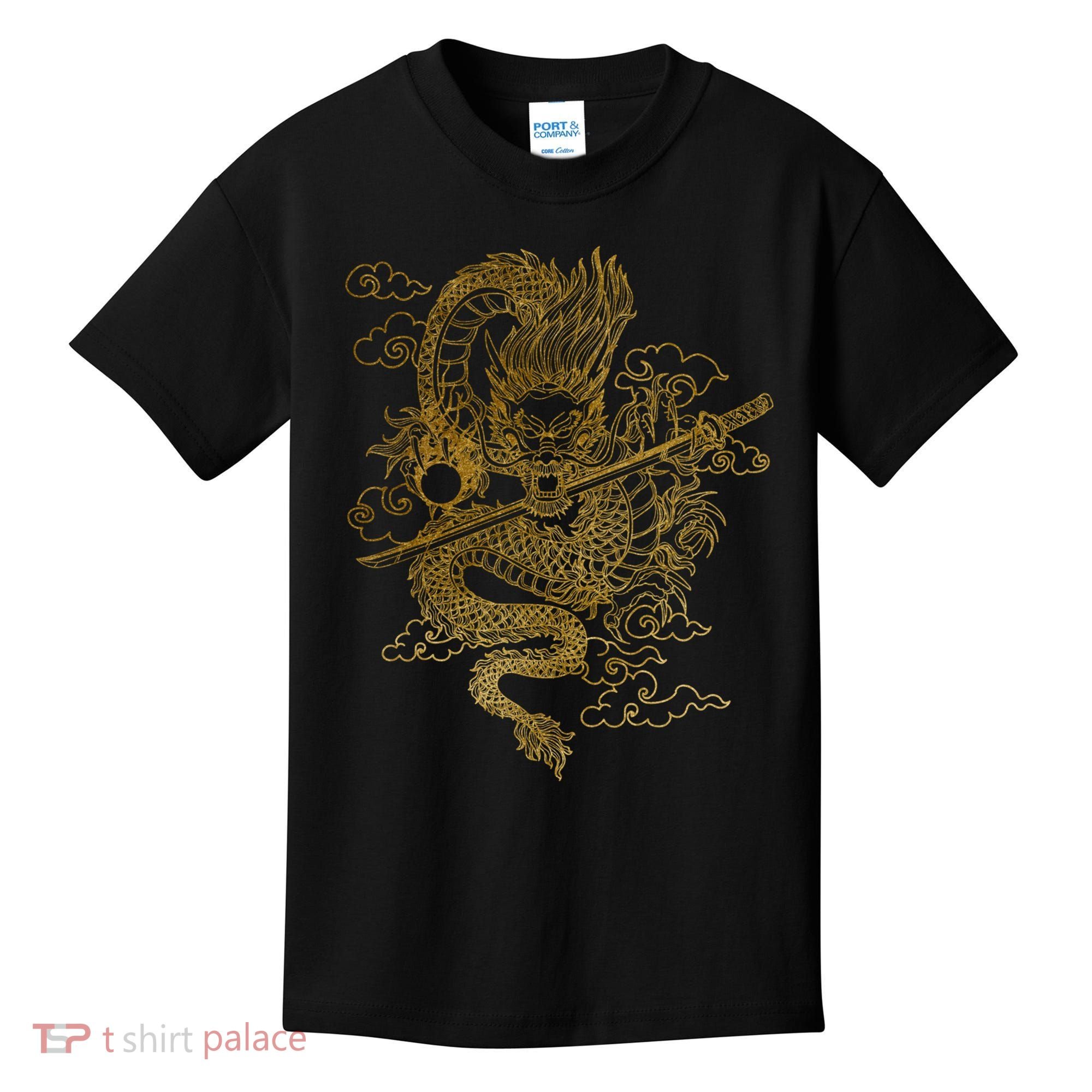 Gold Chinese Dragon With Black Background Kids T-Shirt