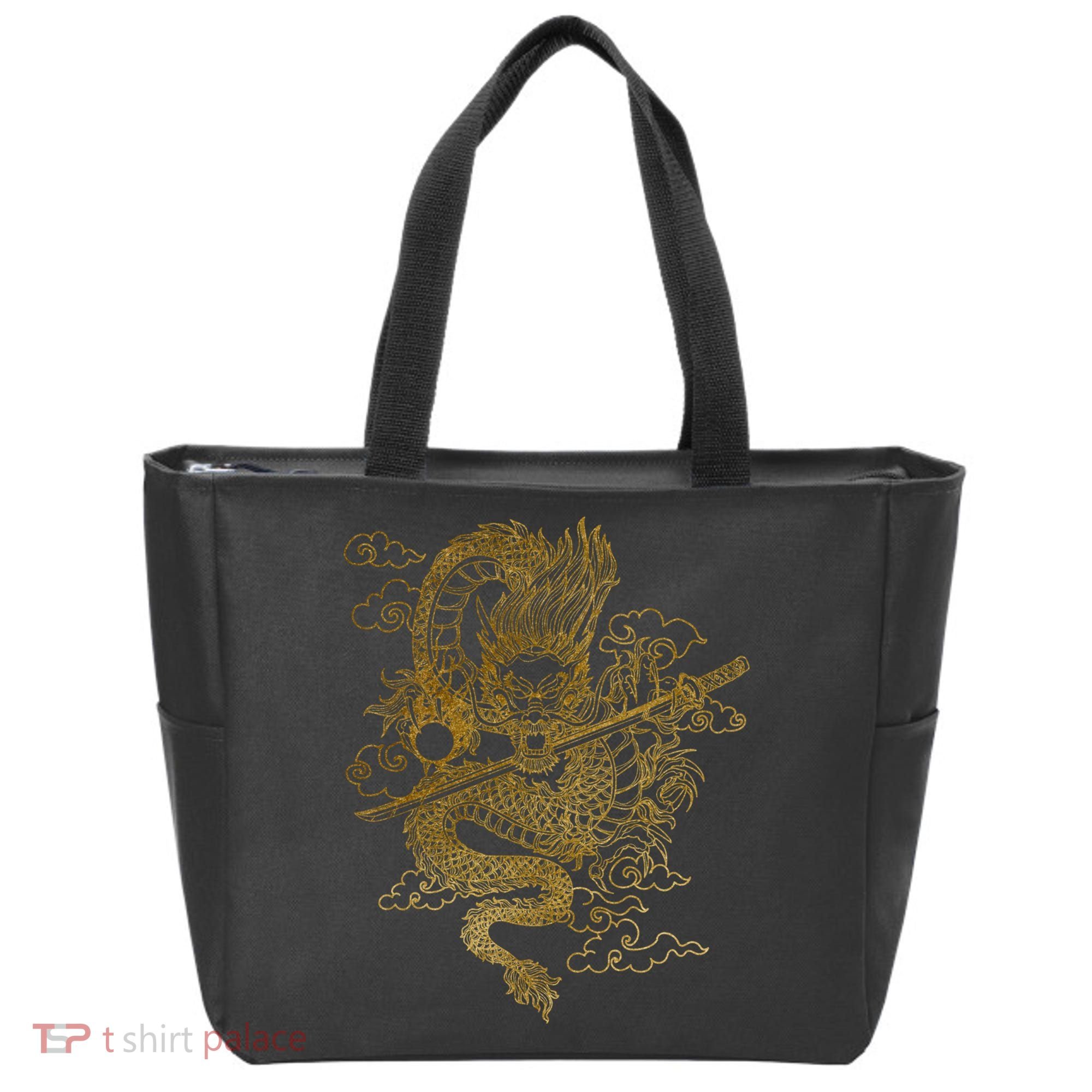 Gold Chinese Dragon With Black Background Tote Bag