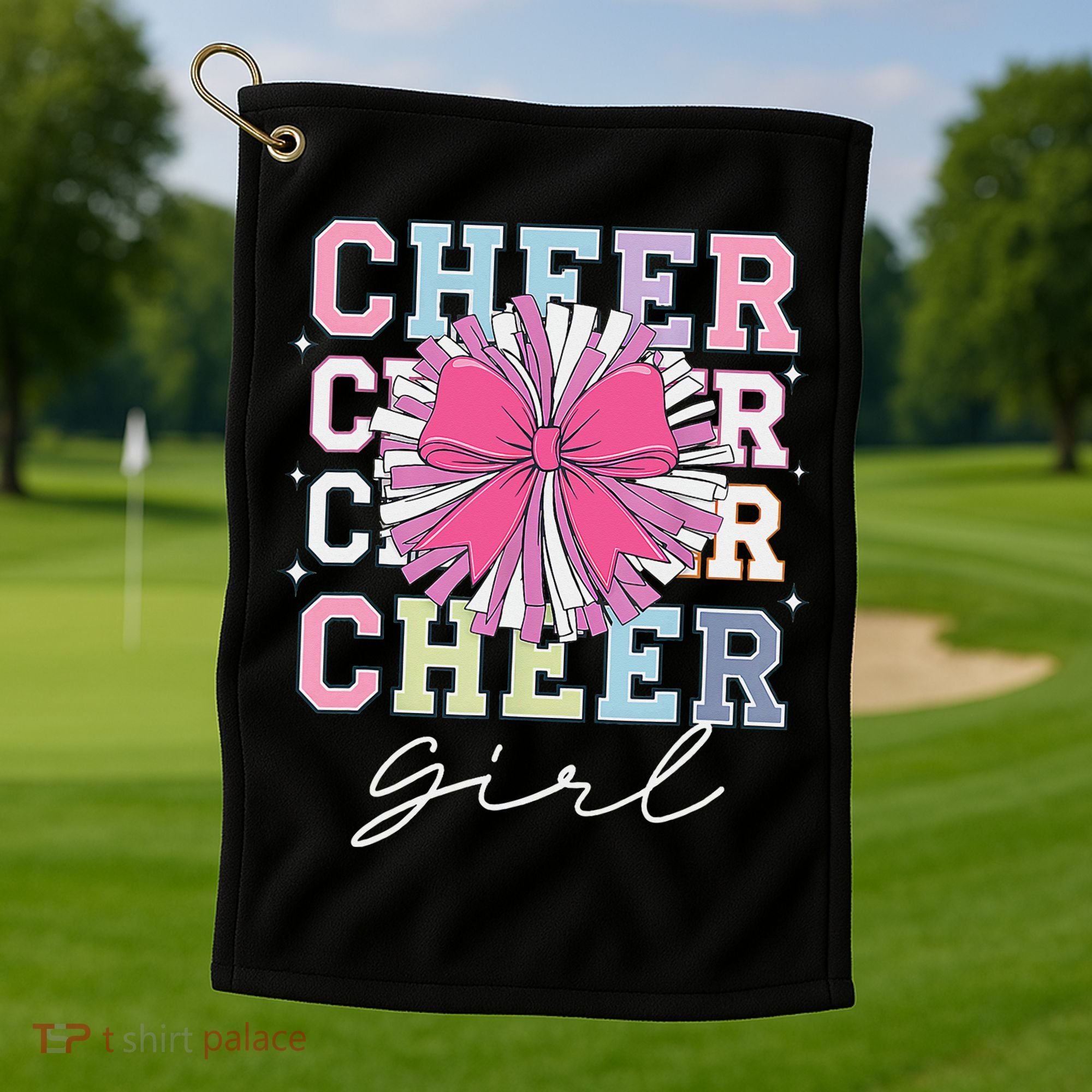 Groovy Cheer Girl Coquette Bow Cheerleading Golf Towel