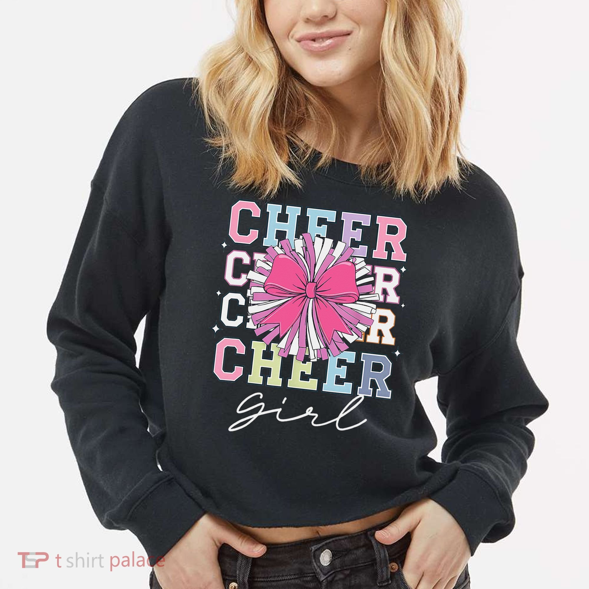 Groovy Cheer Girl Coquette Bow Cheerleading Cropped Pullover Crew