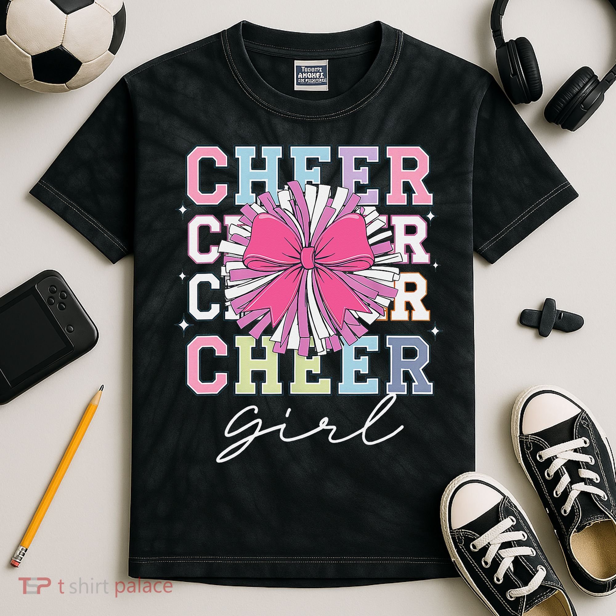 Groovy Cheer Girl Coquette Bow Cheerleading Kids Tie-Dye T-Shirt
