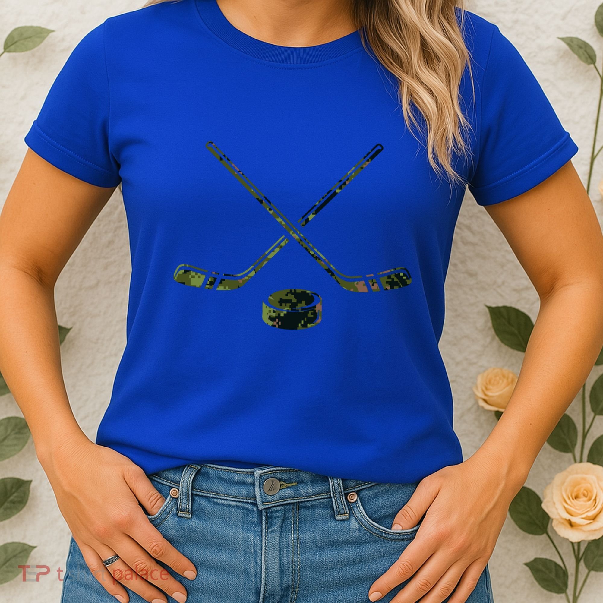 Green Camo Hockey Green Camouflage Hockey Sticks Gift Women's T-Shirt