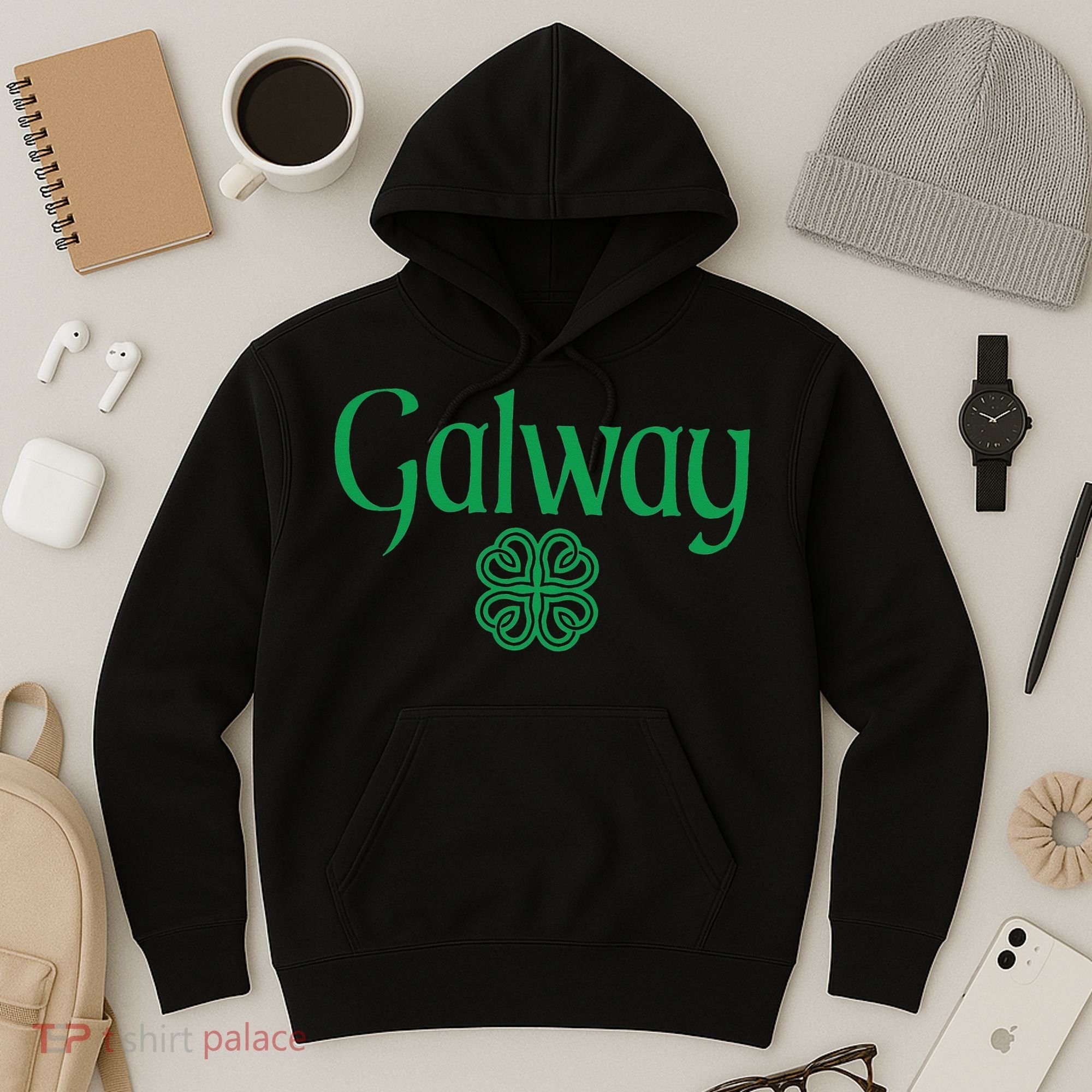 Galway Clover Hearts Irish Text Green Hoodie