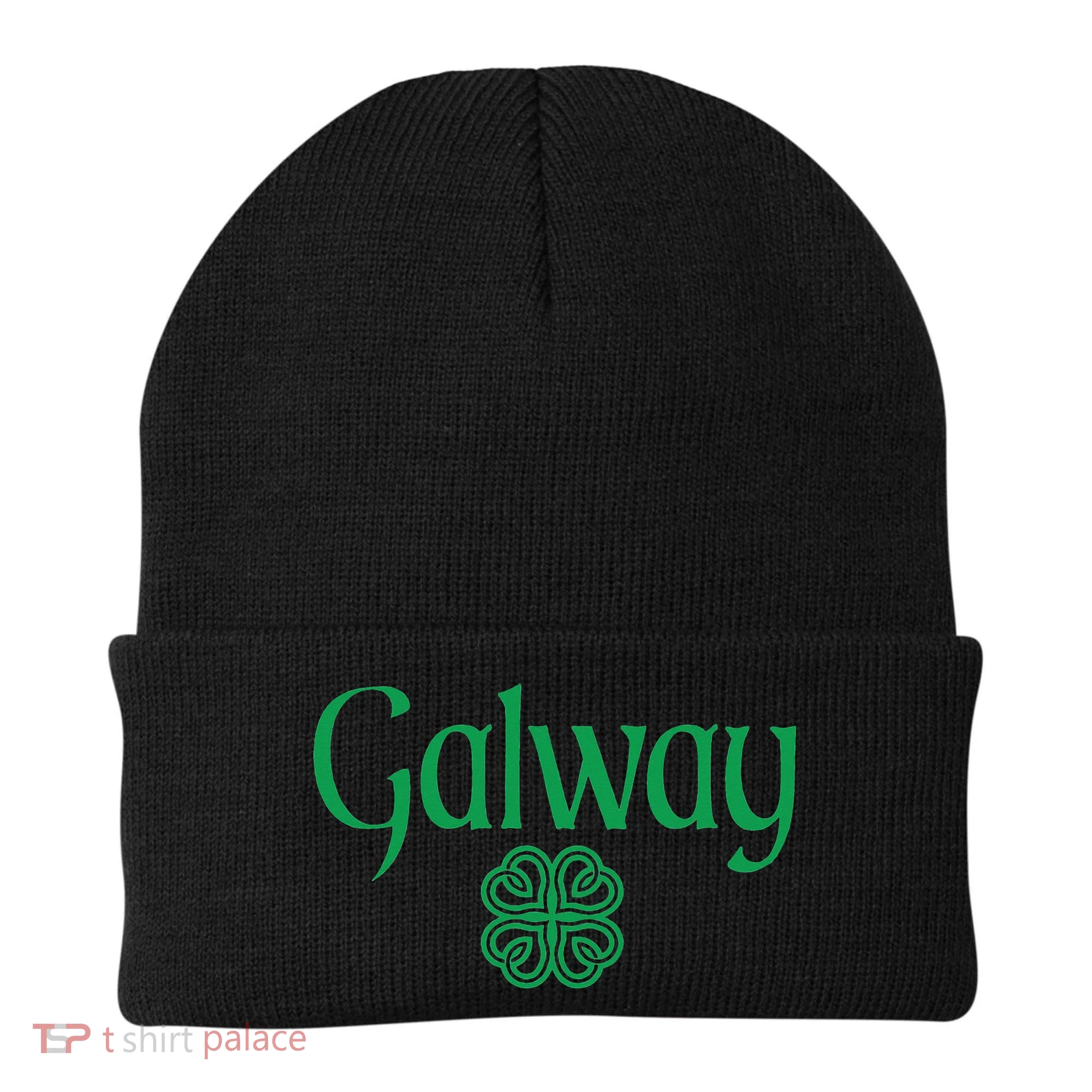 Galway Clover Hearts Irish Text Green Beanie
