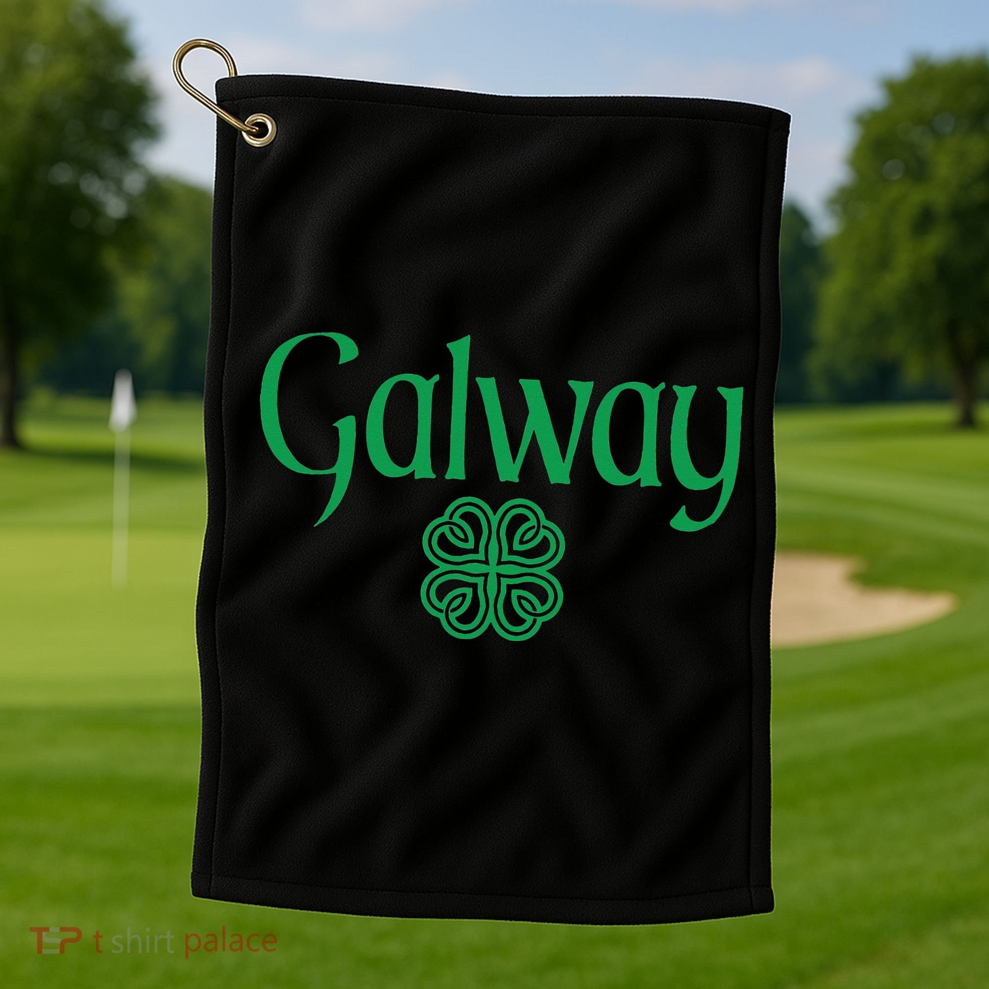 Galway Clover Hearts Irish Text Green Golf Towel