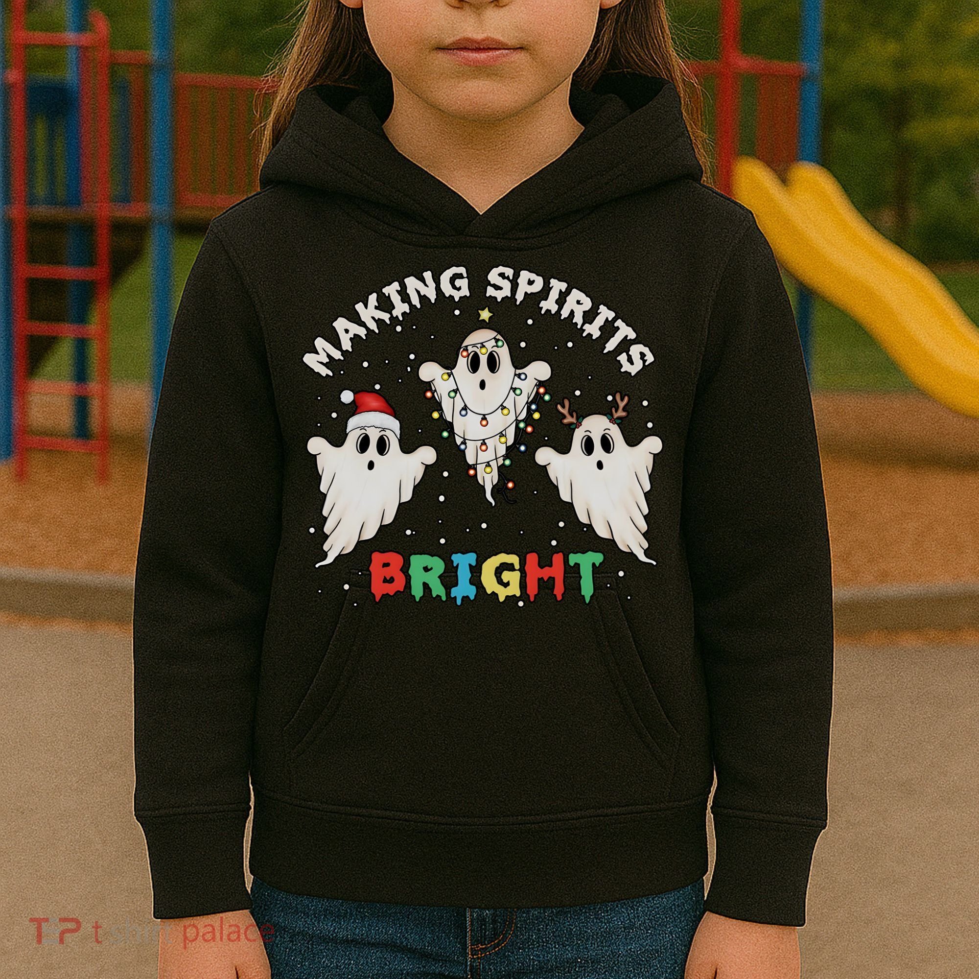 Ghost Christmas Light Scary Funny Boo Making Spirits Bright Kids Hoodie