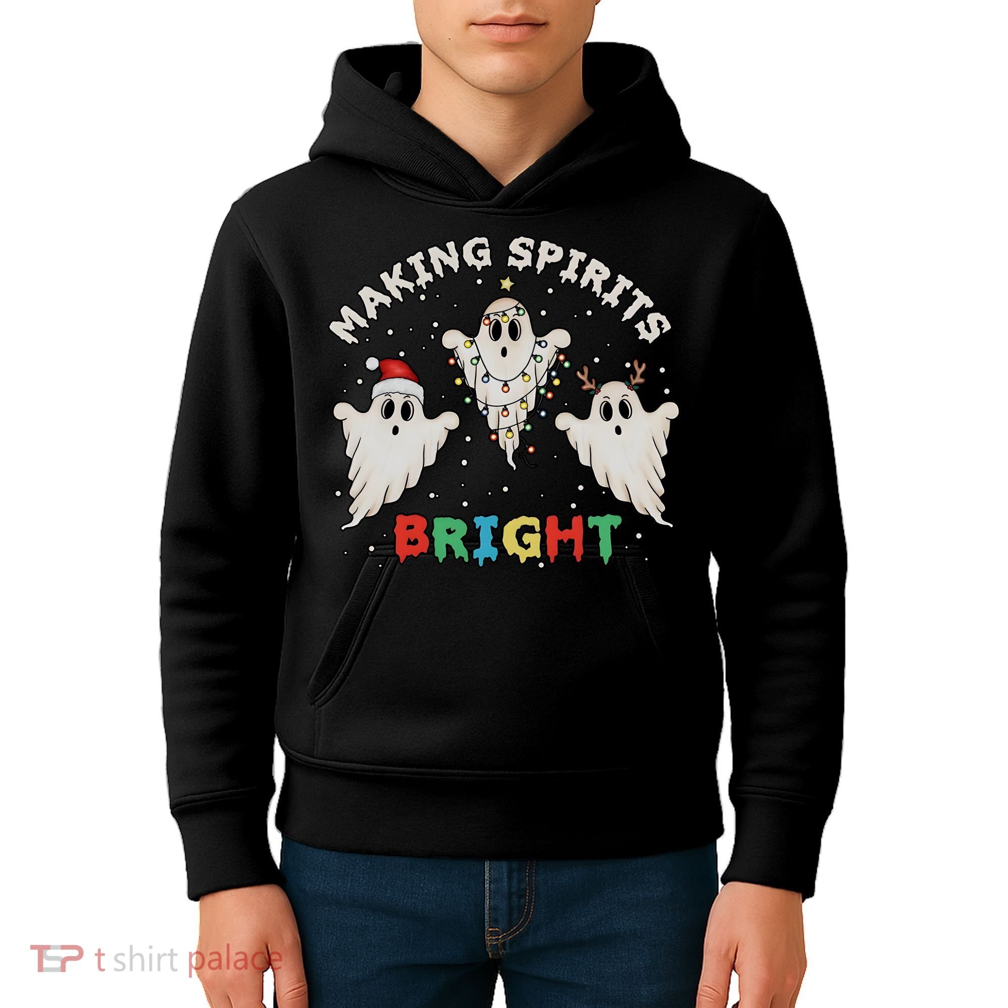 Ghost Christmas Light Scary Funny Boo Making Spirits Bright Kids Hoodie