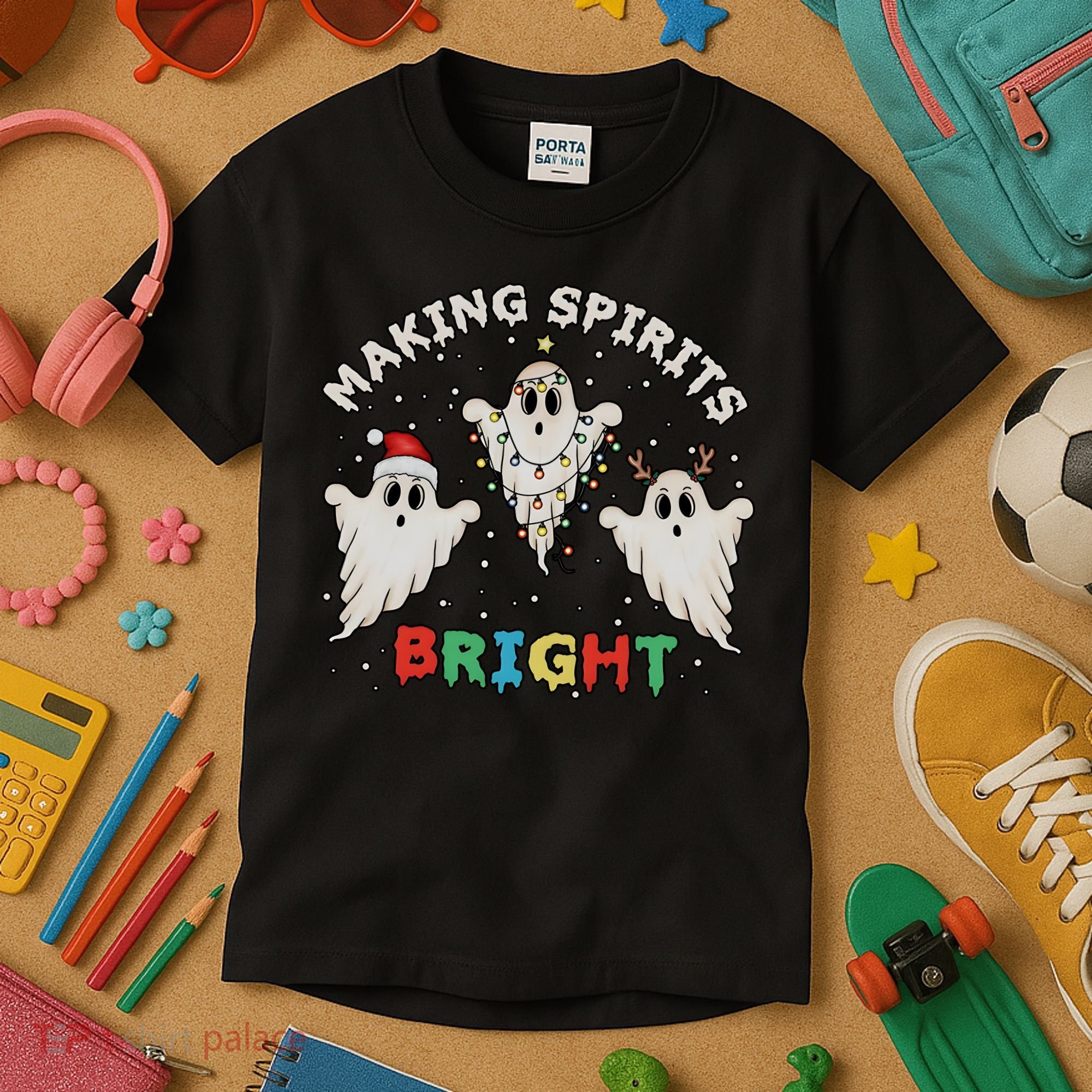 Ghost Christmas Light Scary Funny Boo Making Spirits Bright Kids T-Shirt