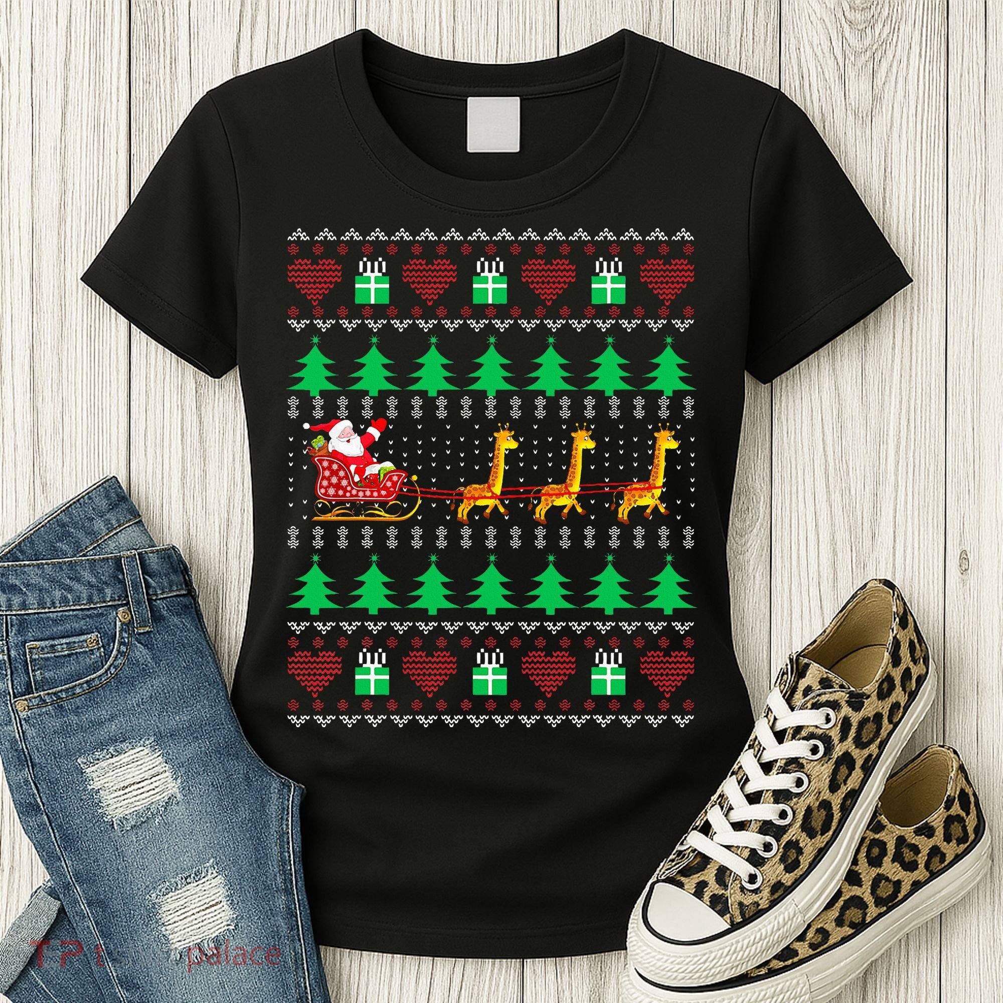 Giraffe Christmas Light Ugly Sweater Giraffe Lover Xmas Gift Women's T-Shirt