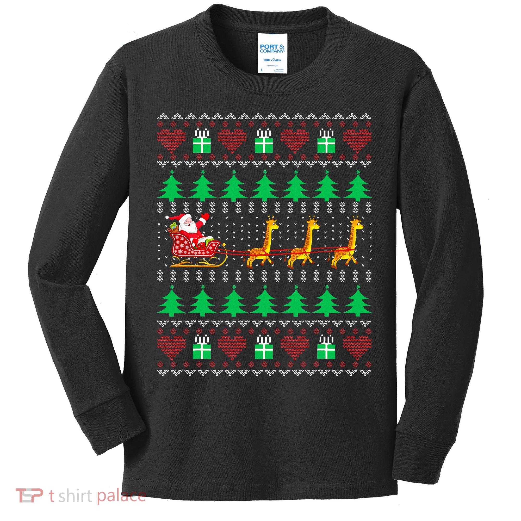 Giraffe Christmas Light Ugly Sweater Giraffe Lover Xmas Gift Kids Long Sleeve Shirt
