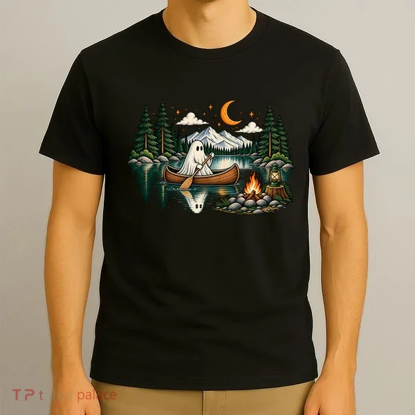 Ghost Canoeing Moonlight Camping Halloween Adventure T-Shirt