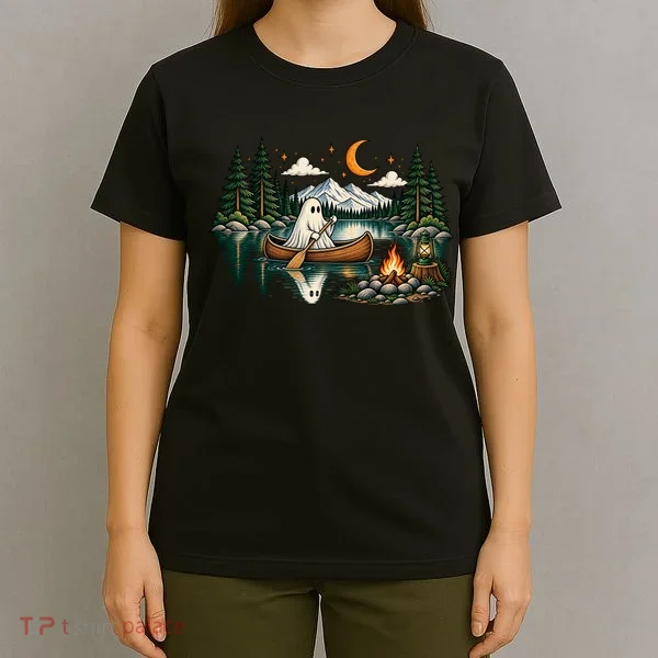 Ghost Canoeing Moonlight Camping Halloween Adventure T-Shirt