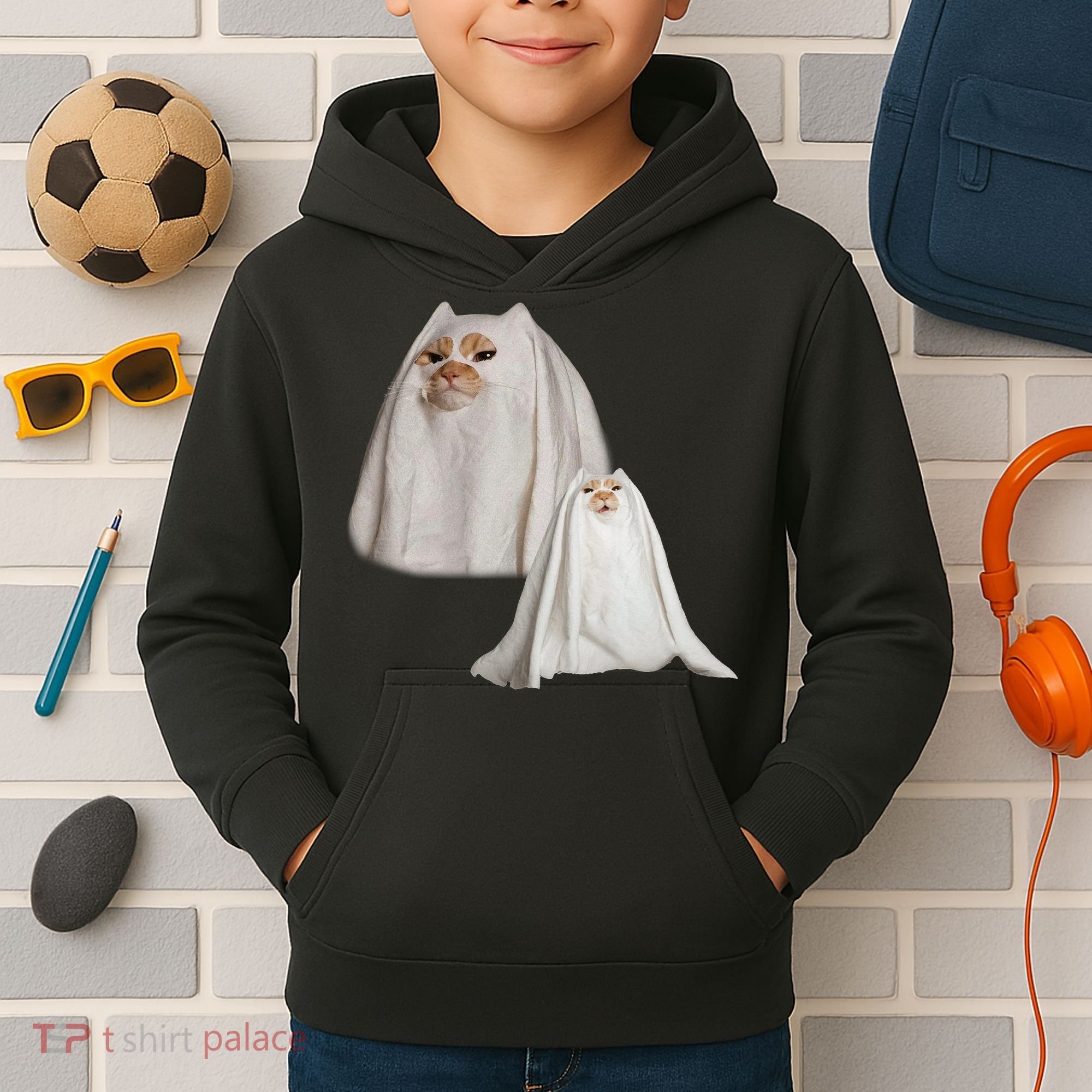 Ghost Cat Meme Funny Halloween Kids Hoodie