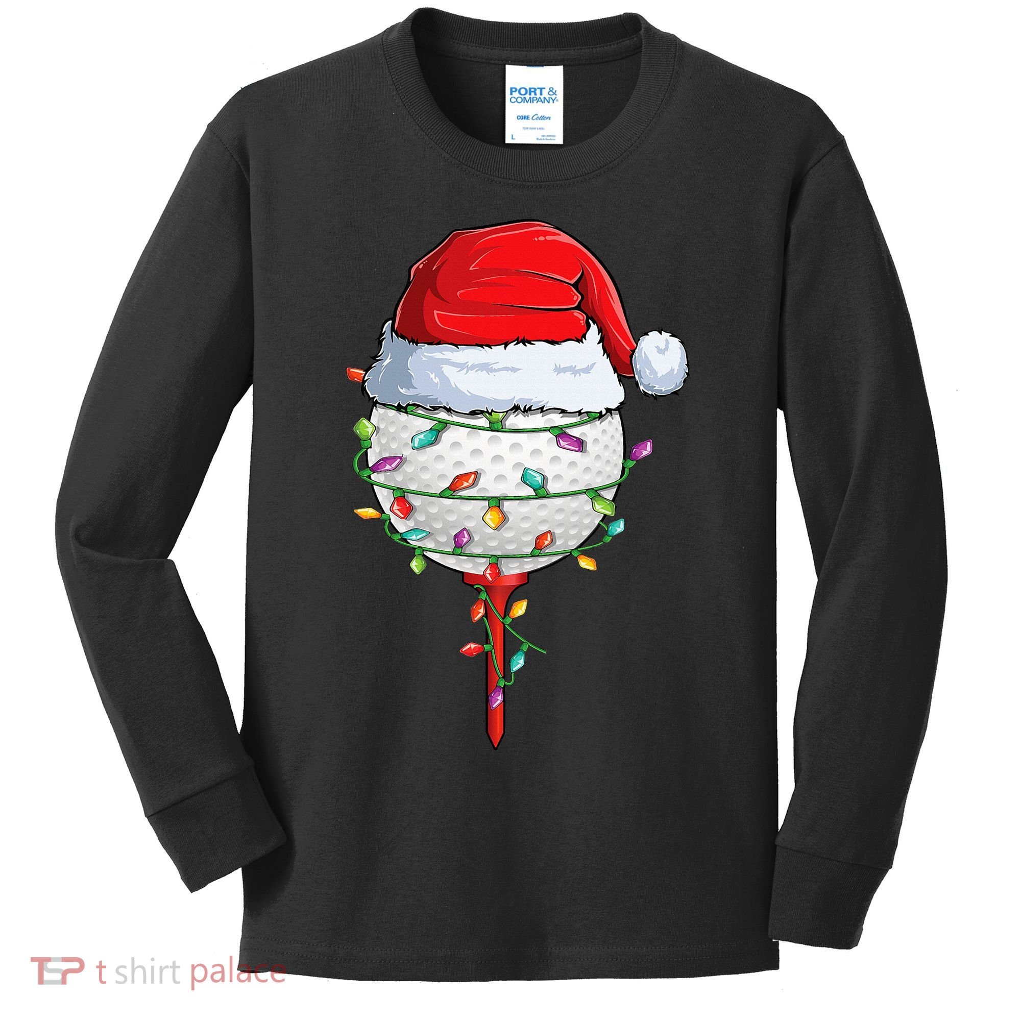 Golfing Christmas Pajama Funny Holiday Santa Hat Kids Long Sleeve Shirt
