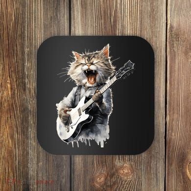 Guitar Cat Rock Cat Playing Guitar Coaster