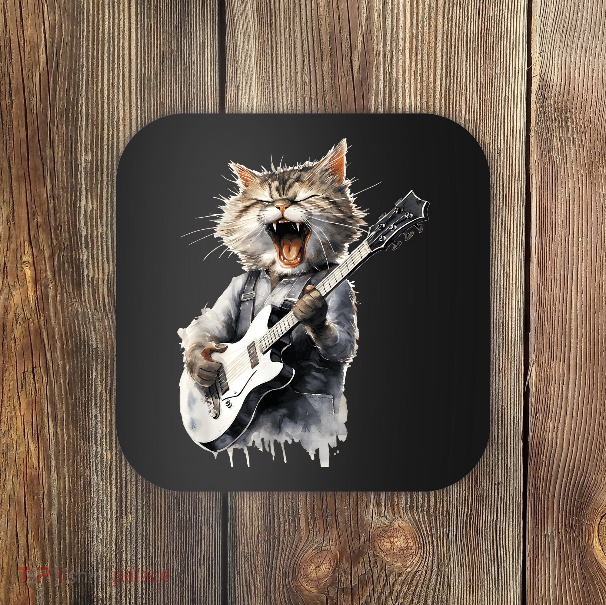 Guitar Cat Rock Cat Playing Guitar Coaster