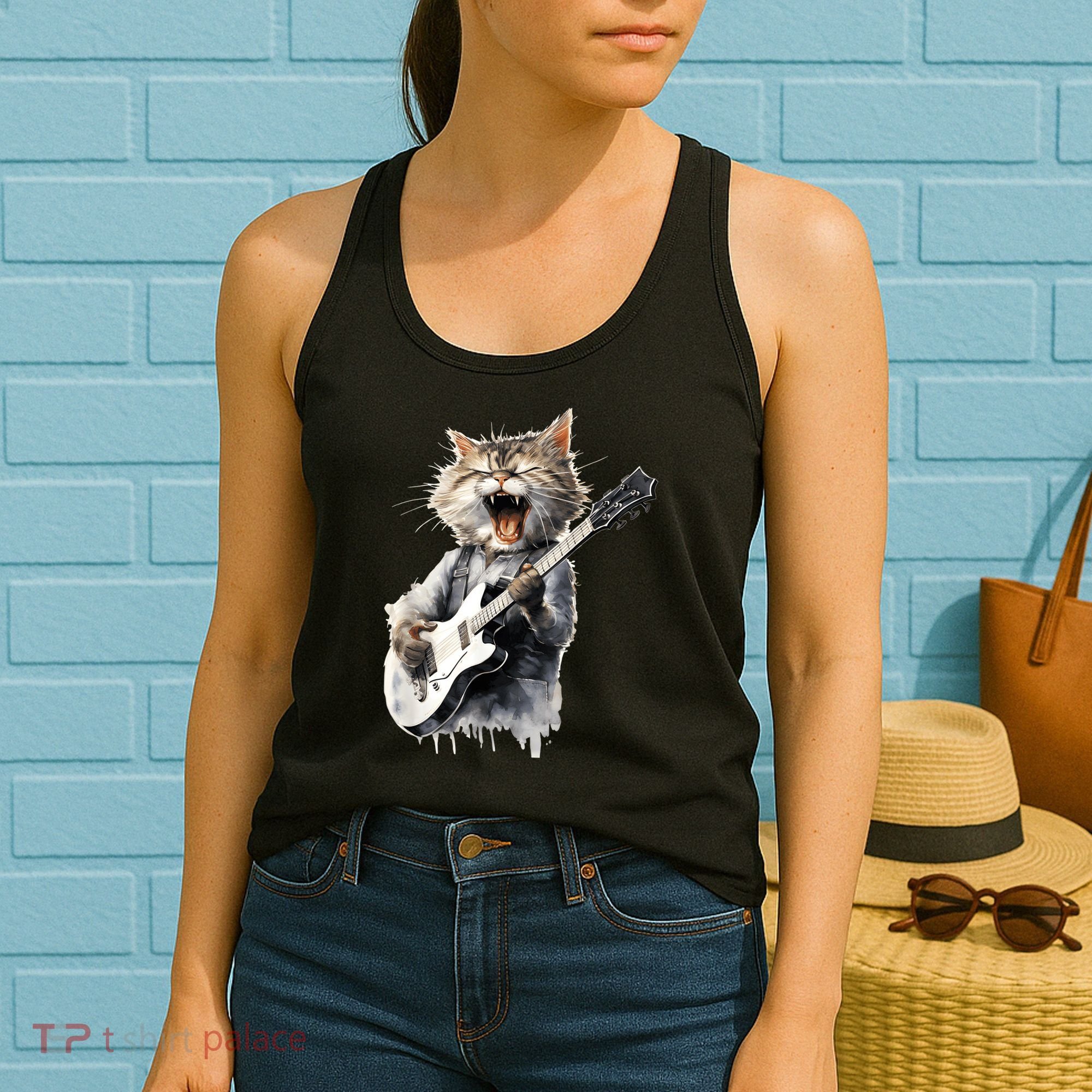 Guitar Cat Rock Cat Playing Guitar Women's Tank Top