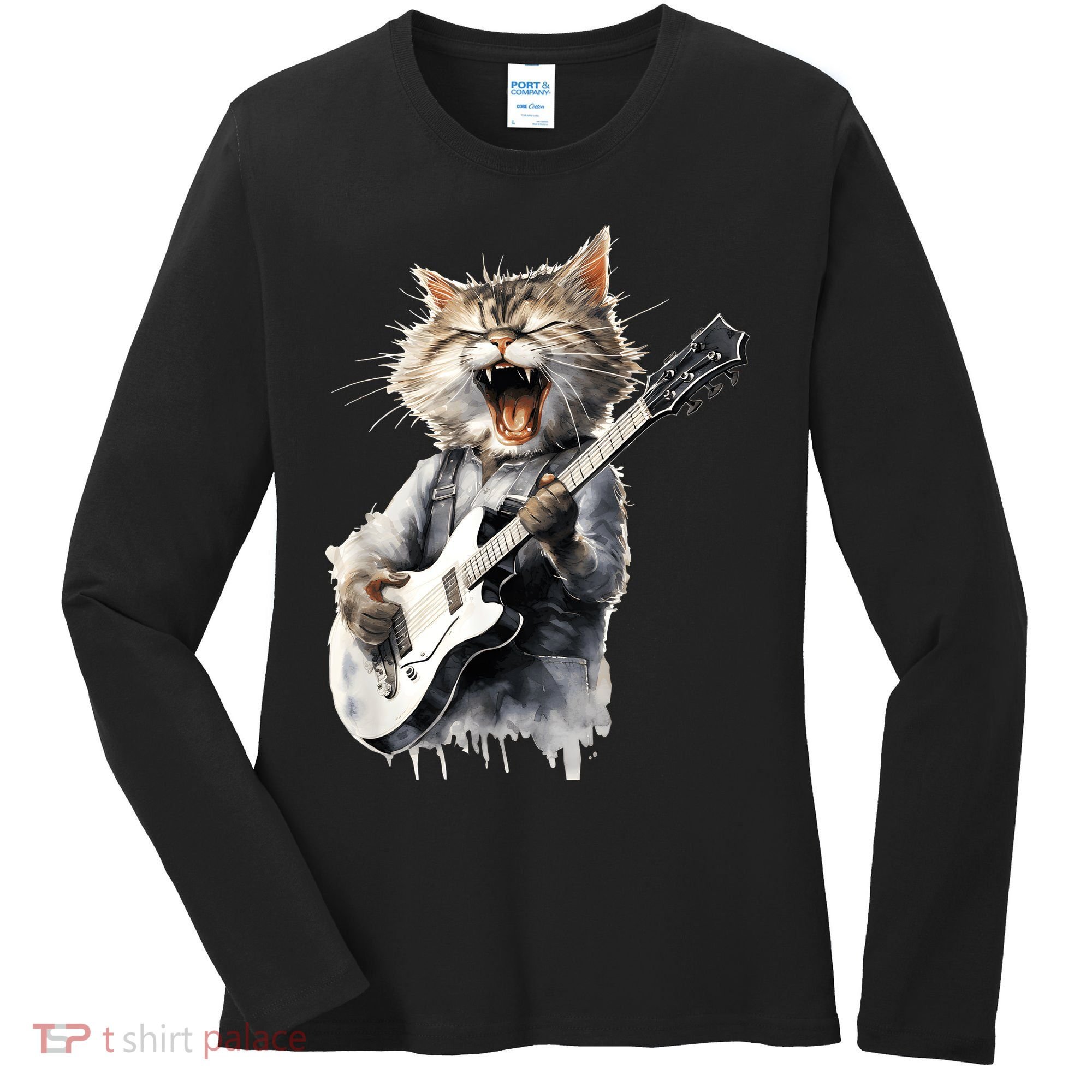 Guitar Cat Rock Cat Playing Guitar Women's Long Sleeve Shirt